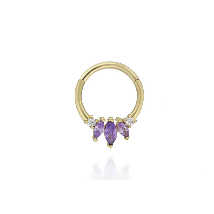 14K Solid Gold Clicker Hoop Piercing Purple Oval and Round Gemstone