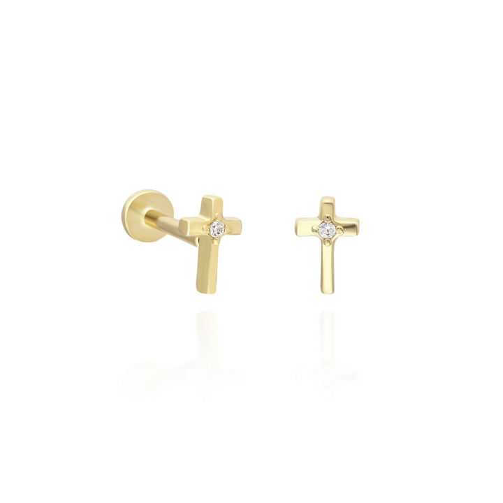 14K Solid Gold Threadless Piercing Cross Earrings