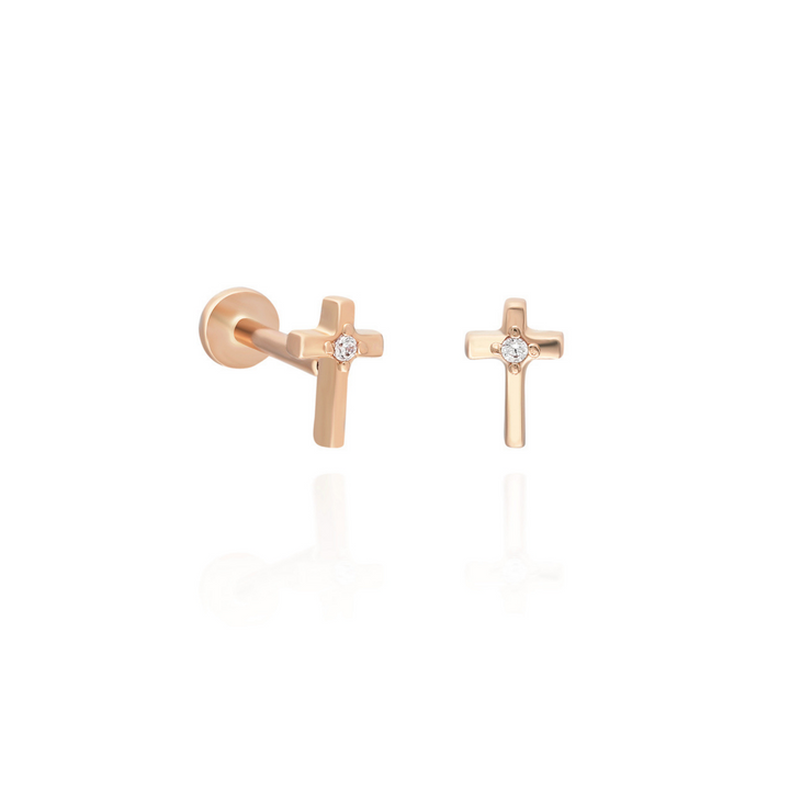 14K Solid Gold Threadless Piercing Cross Earrings