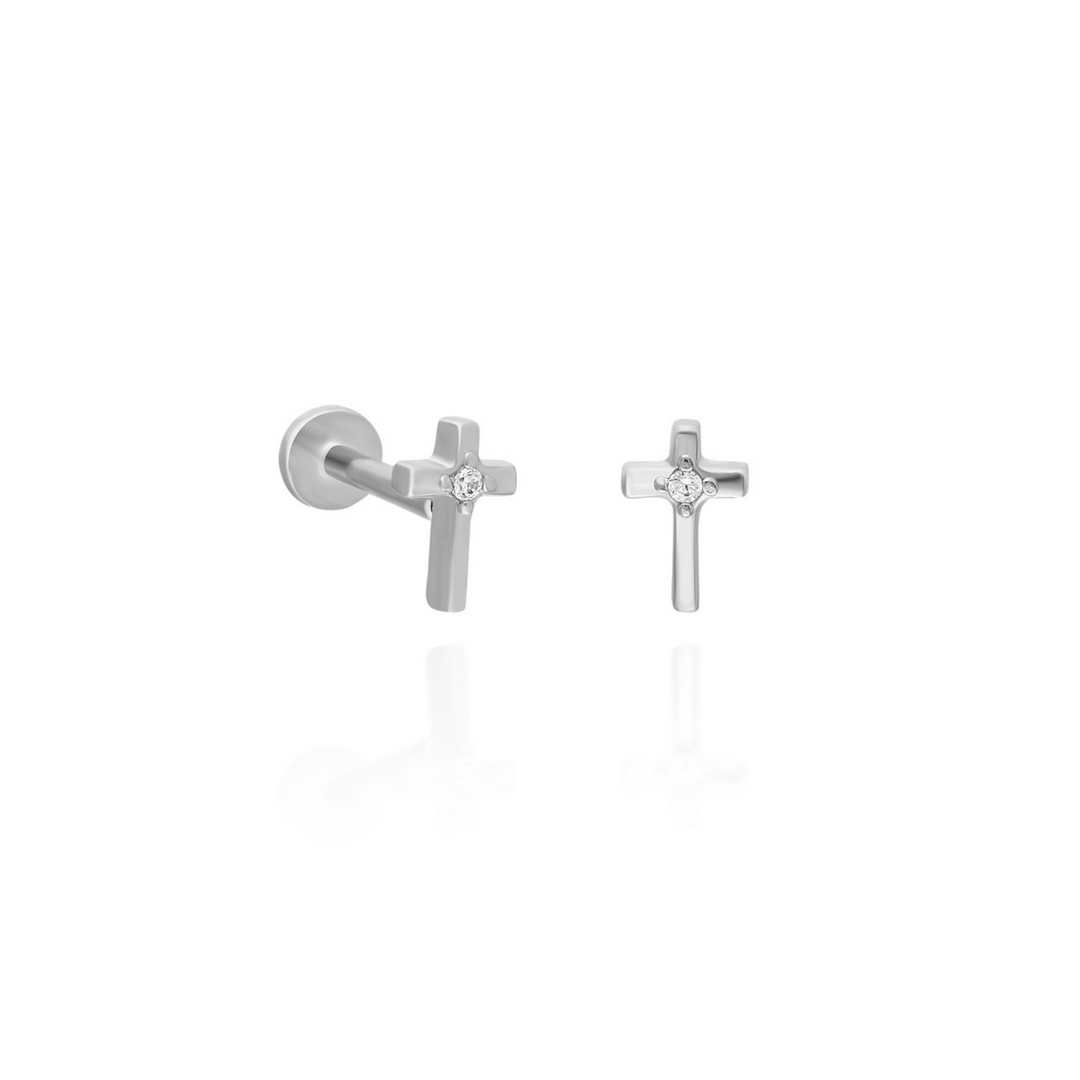 14K Solid Gold Threadless Piercing Cross Earrings