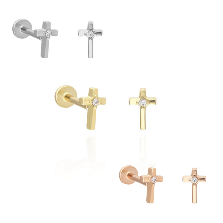 14K Solid Gold Threadless Piercing Cross Earrings