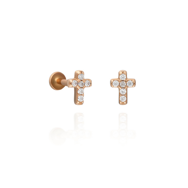 14K Solid Gold Threadless Piercing Stone Cross