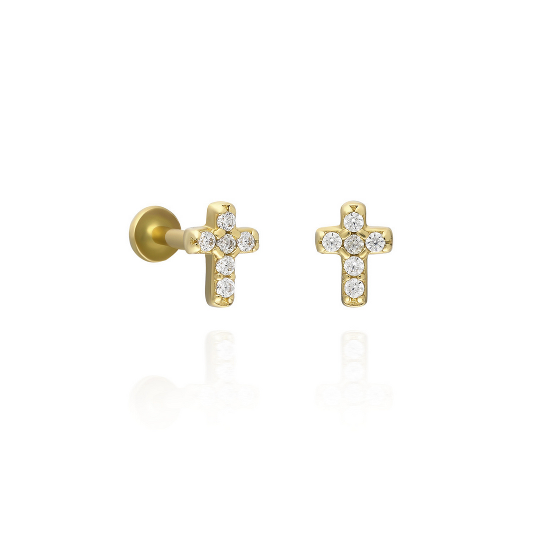 14K Solid Gold Threadless Piercing Stone Cross