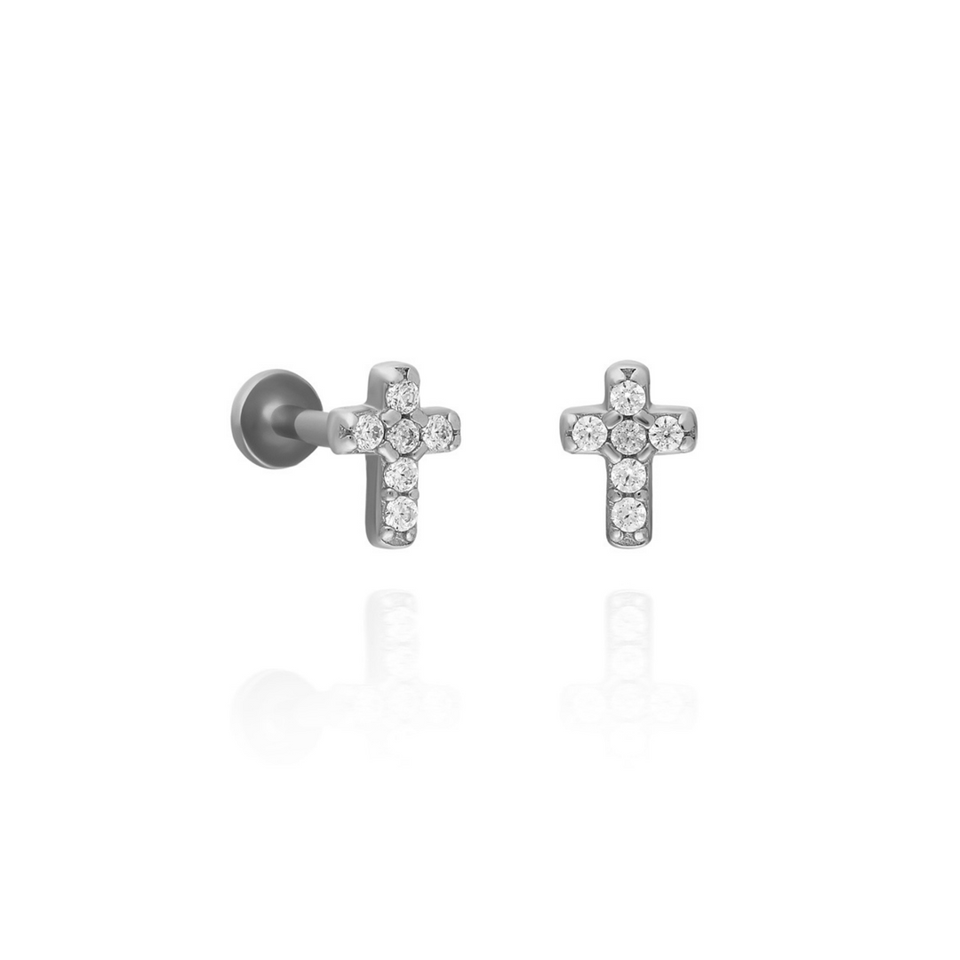 14K Solid Gold Threadless Piercing Stone Cross