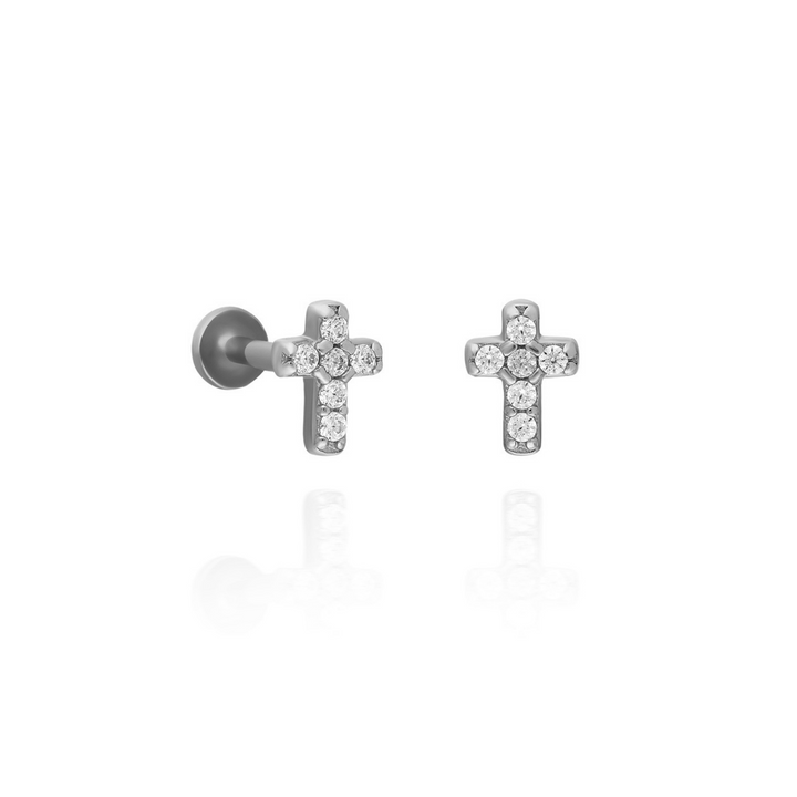 14K Solid Gold Threadless Piercing Stone Cross