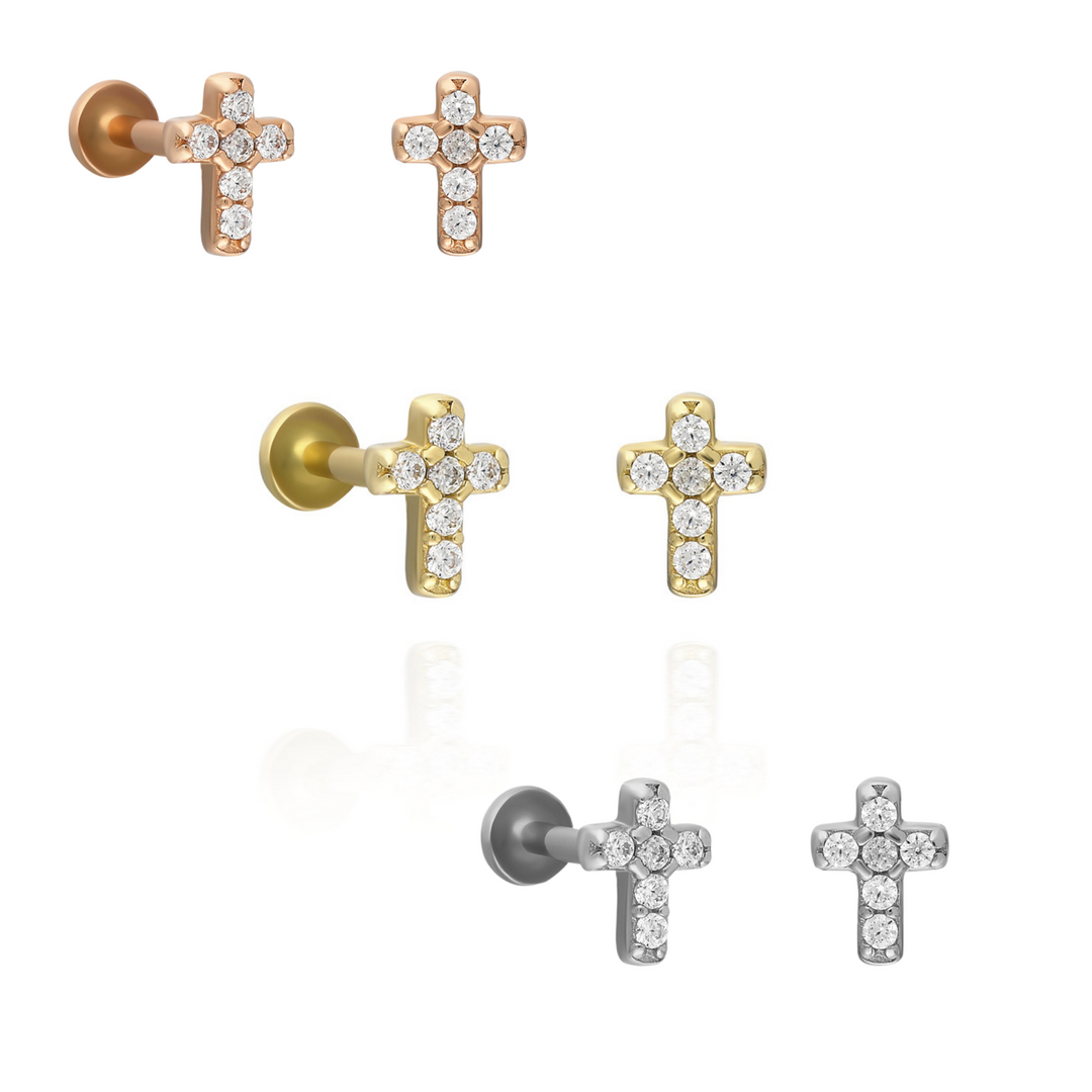 14K Solid Gold Threadless Piercing Stone Cross