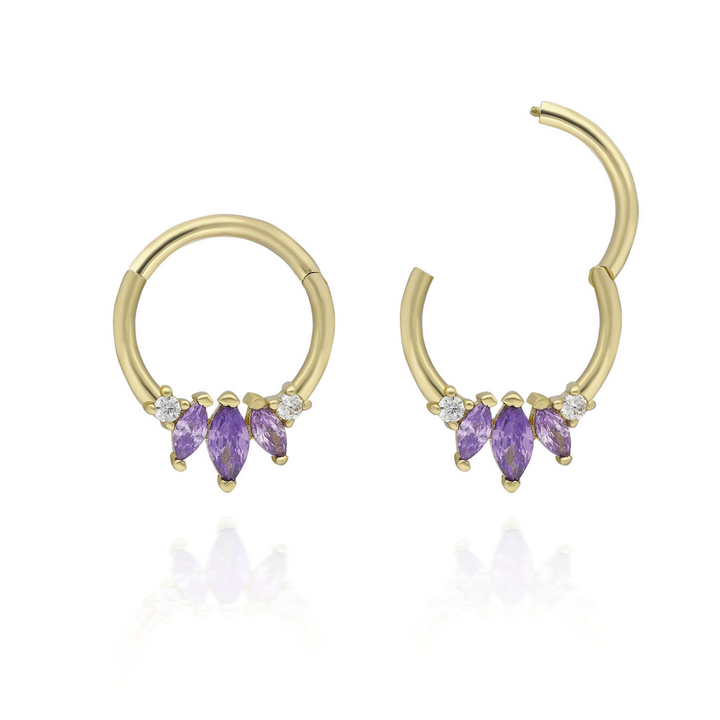 14K Solid Gold Clicker Hoop Piercing Purple Oval and Round Gemstone