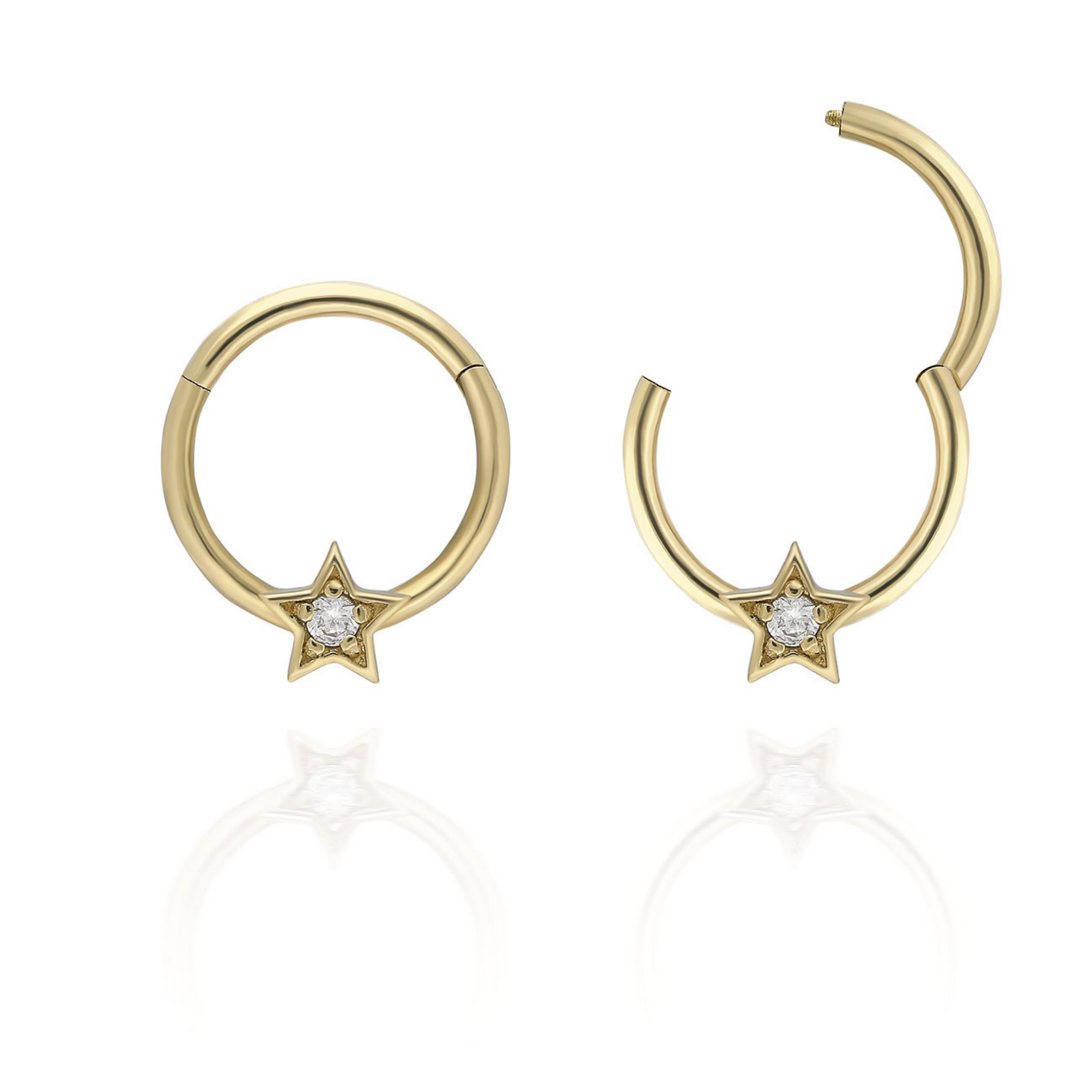 14K Solid Gold Clicker Hoop Piercing Stars Stone