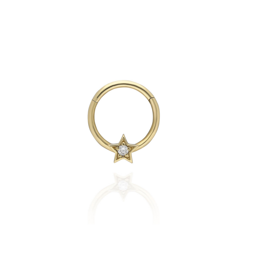 14K Solid Gold Clicker Hoop Piercing Stars Stone