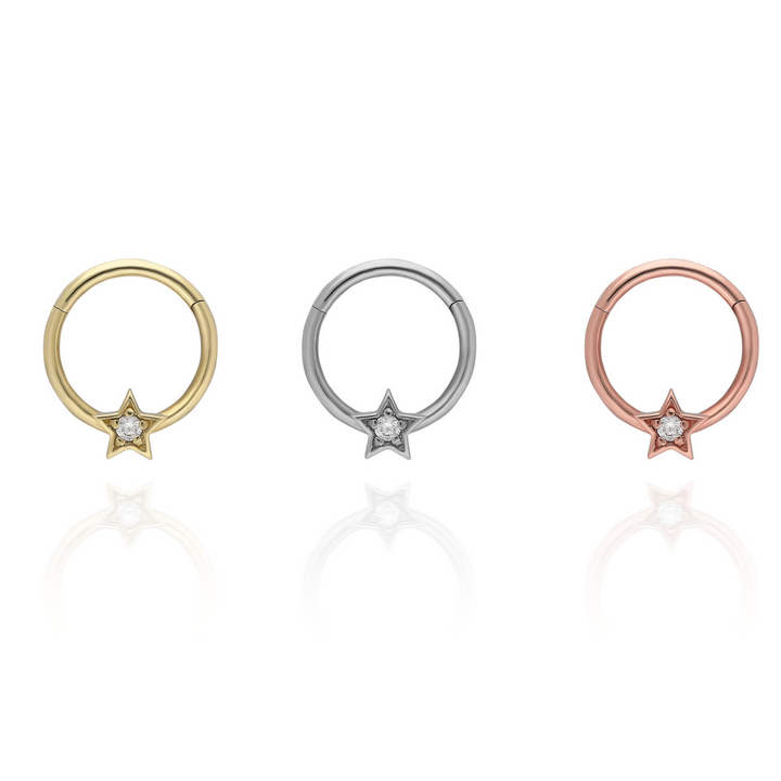 14K Solid Gold Clicker Hoop Piercing Stars Stone