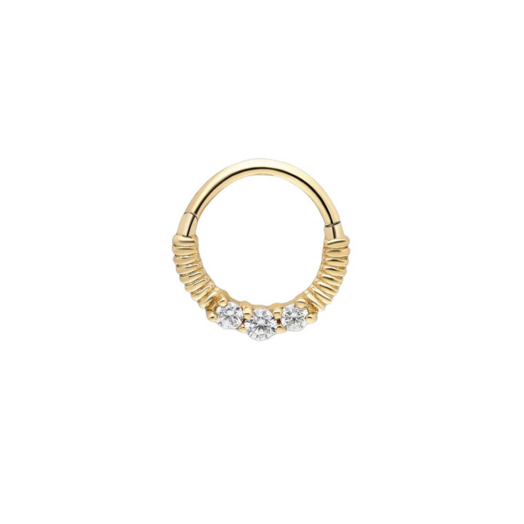 14K Solid Gold Clicker Hoop Piercing Three Stone Domed