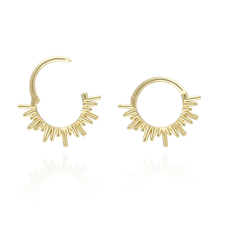 14K Solid Gold Clicker Hoop Piercing Sun Detailed